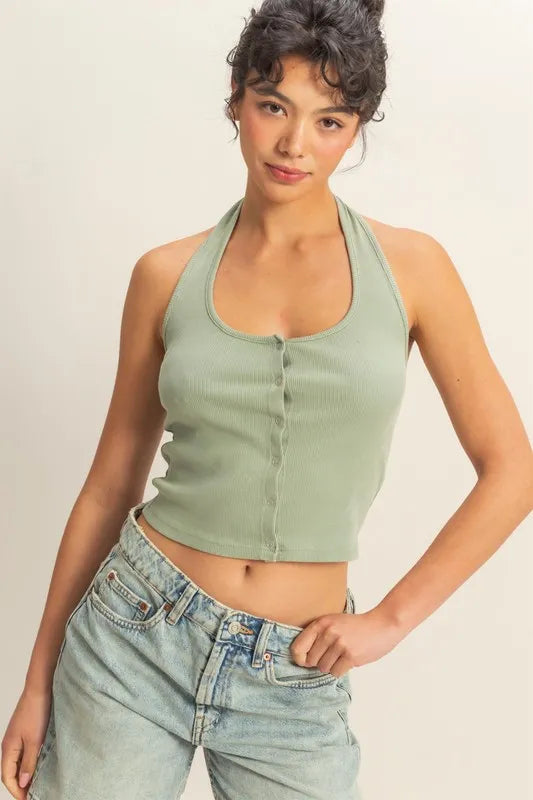 Sage Green Hyfve Halter Neck Buttoned Washed Top 2
