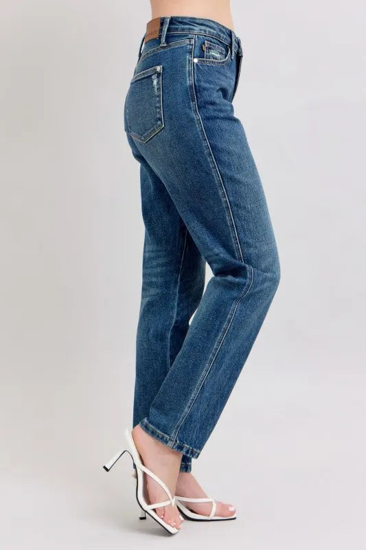 Dark Judy Blue Full Size High Waisted Rigid Magic Non Destroy Straight Leg Jeans Plus Size