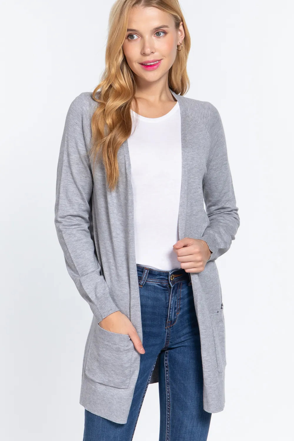 Gray Active Basic Open Front Long Sleeve Cardigan