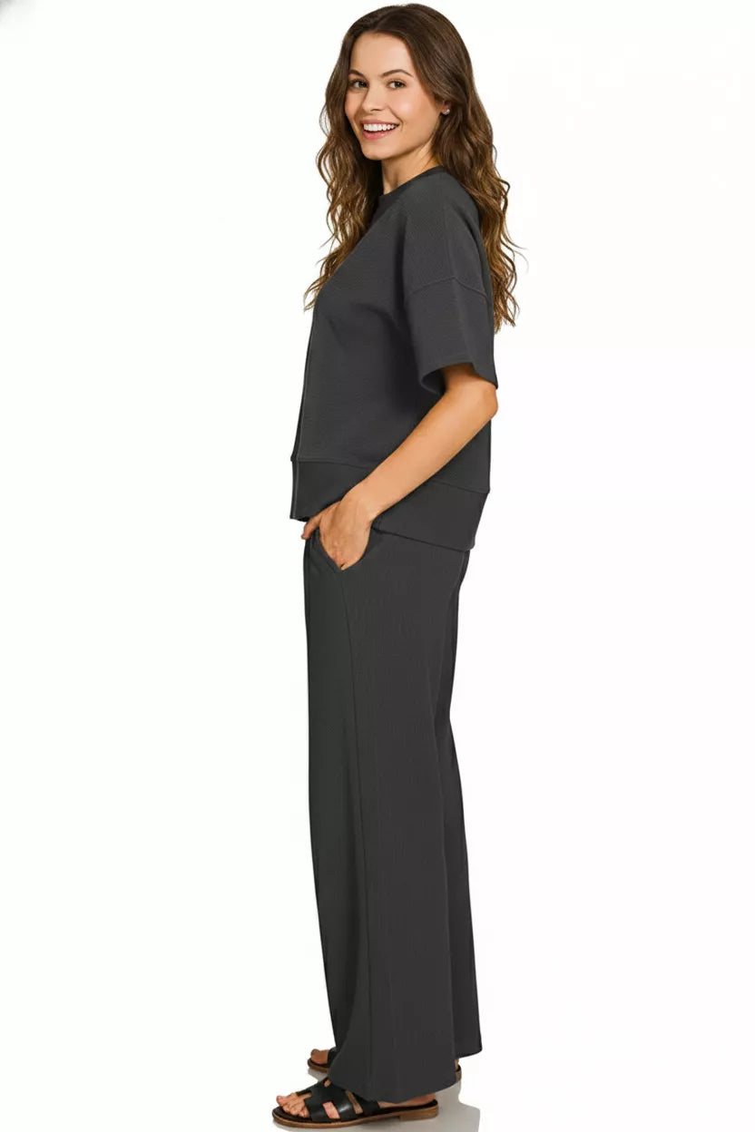 Black Zenana Ribbed Round Neck Tee Pants Set 1