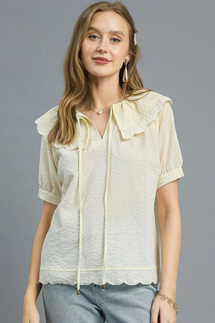 Cream Umgee Peter Pan Collar Short Sleeve Blouse