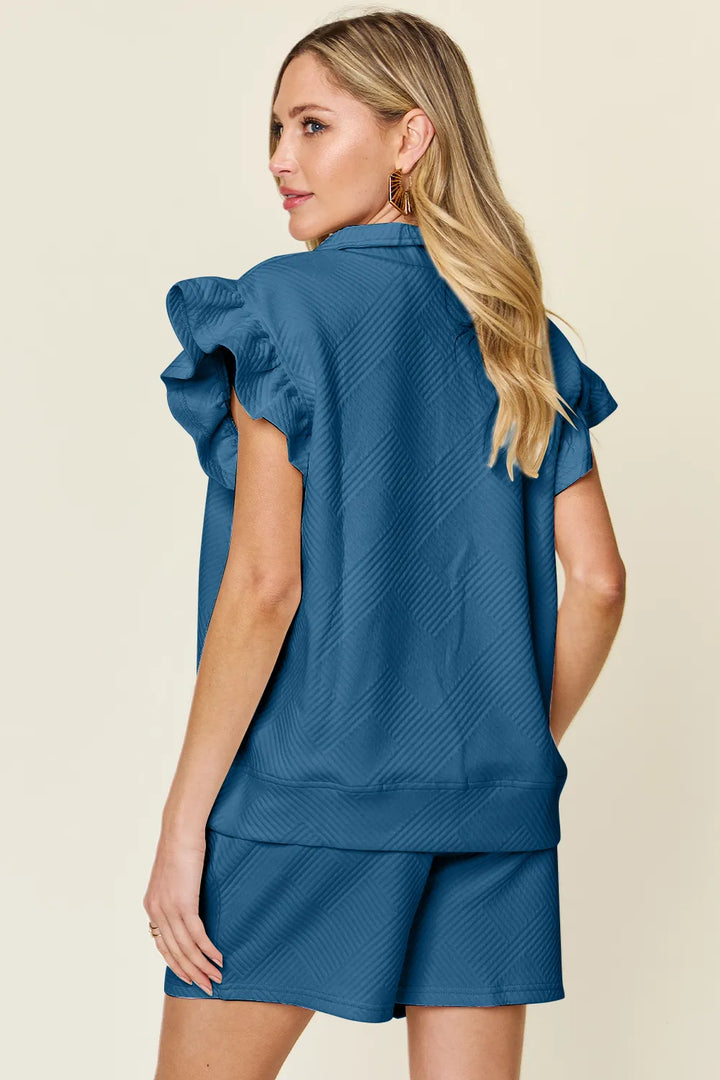 Lavender Double Take Full Size Texture Flounce Sleeve Top And Drawstring Shorts Set