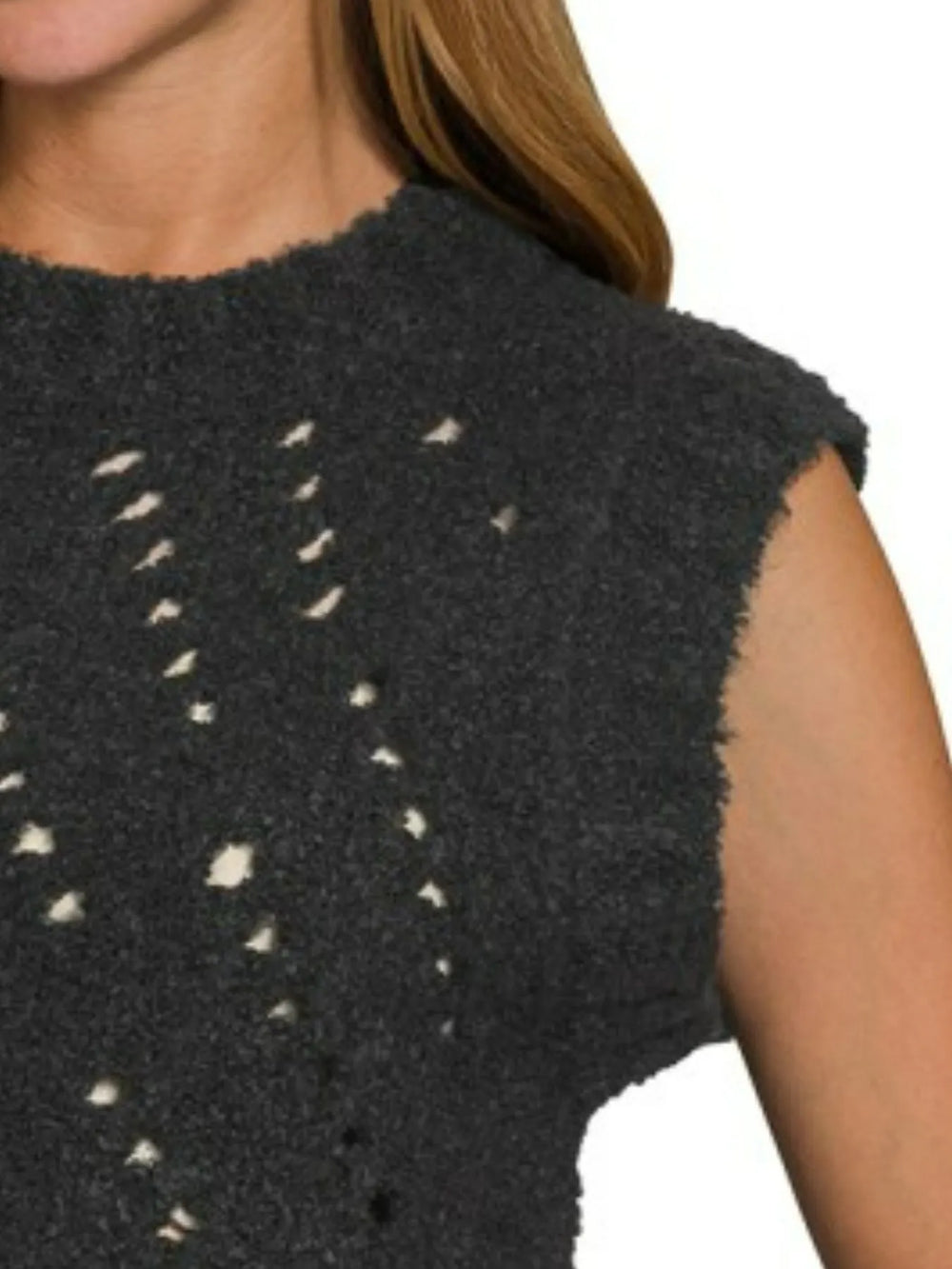 Black Zenana Openwork Textured Wool Sweater Vest