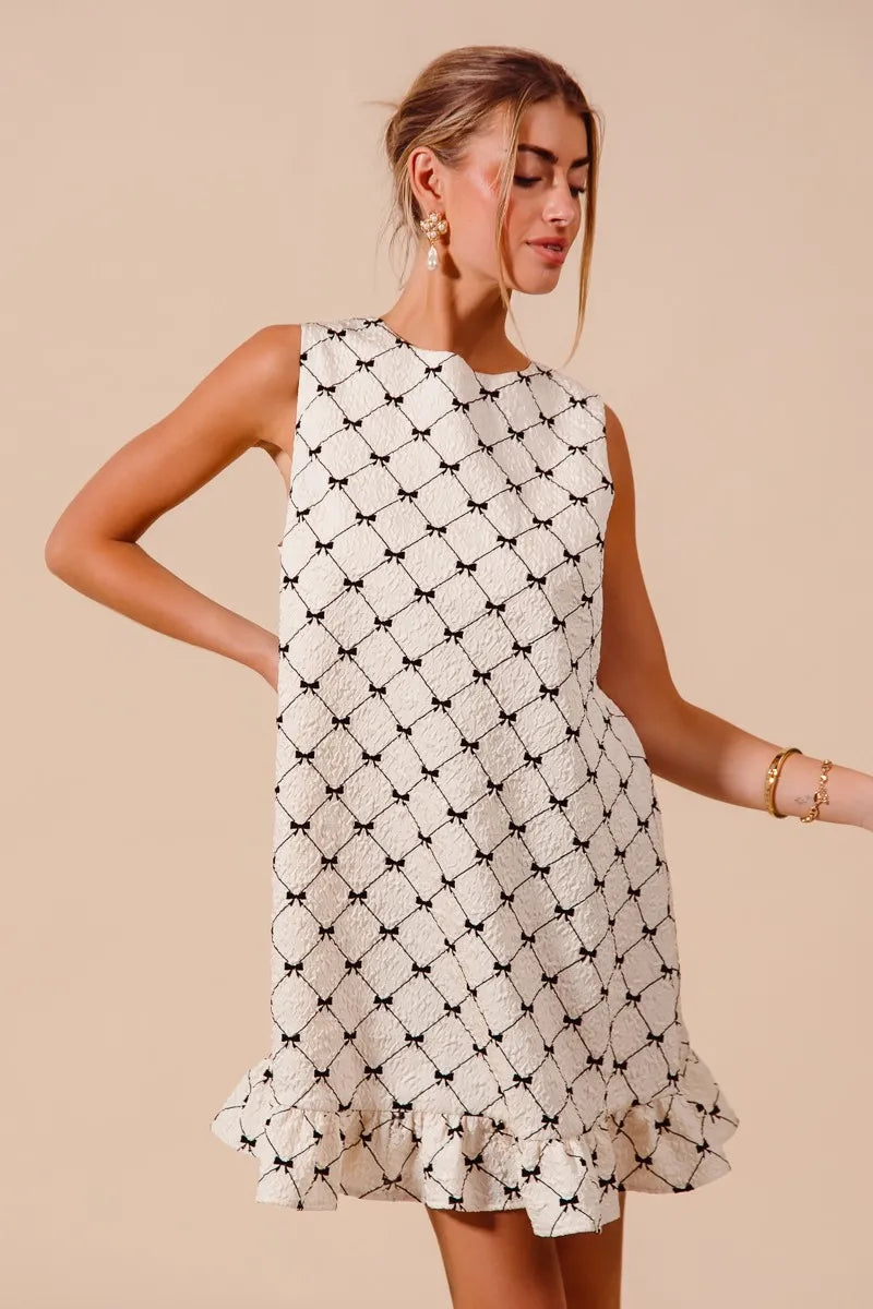 Ivory So Me Texture Bow Printed Mini Ruffle Dress