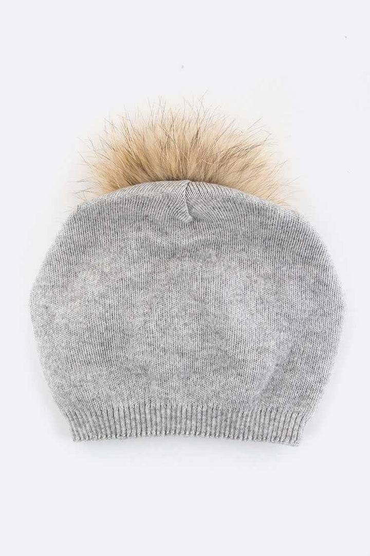 Taupe Raccoon Fur Pompom Pre Sewed Slouchy Beanie