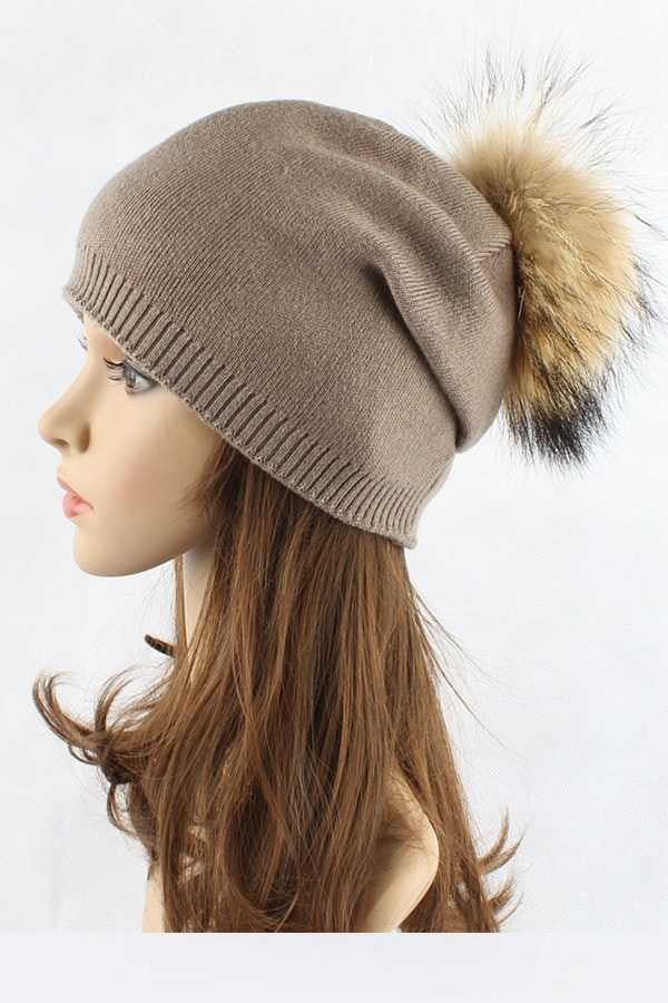 Grey Raccoon Fur Pompom Pre Sewed Slouchy Beanie