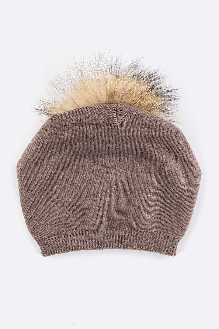 Raccoon Fur Pompom Pre Sewed Slouchy Beanie