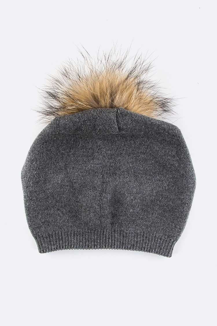Beige Raccoon Fur Pompom Pre Sewed Slouchy Beanie