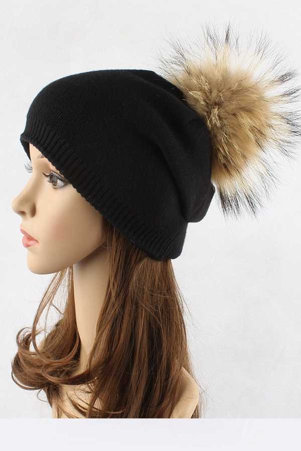 Raccoon Fur Pompom Pre Sewed Slouchy Beanie