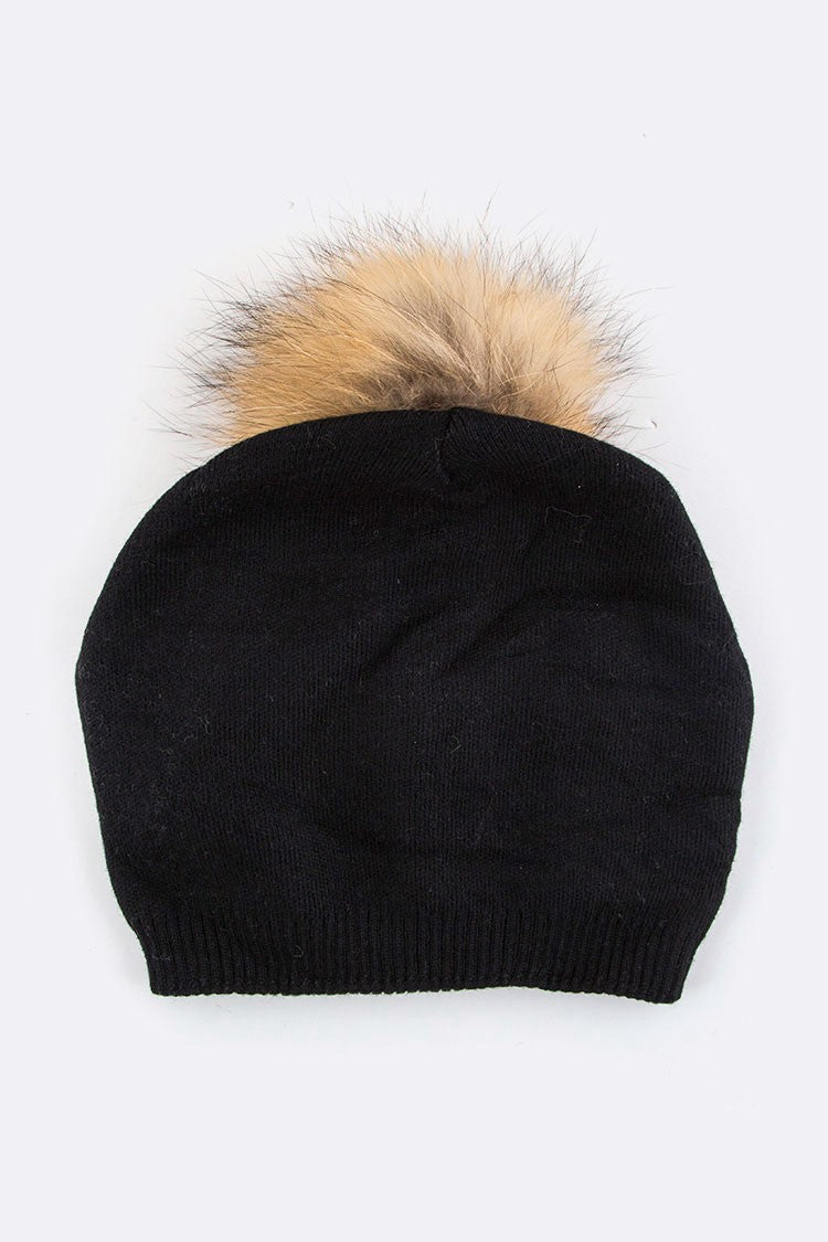 Raccoon Fur Pompom Pre Sewed Slouchy Beanie