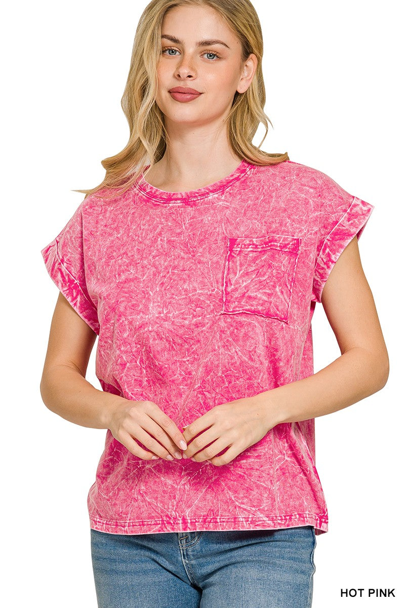 Hot Pink Zenana Full Size Crinkle Washed Round Neck Folded Short Sleeve Tee Plus Size