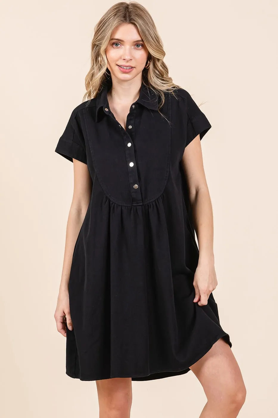Black Mittoshop Twill Short Sleeve Collared Mini Dress