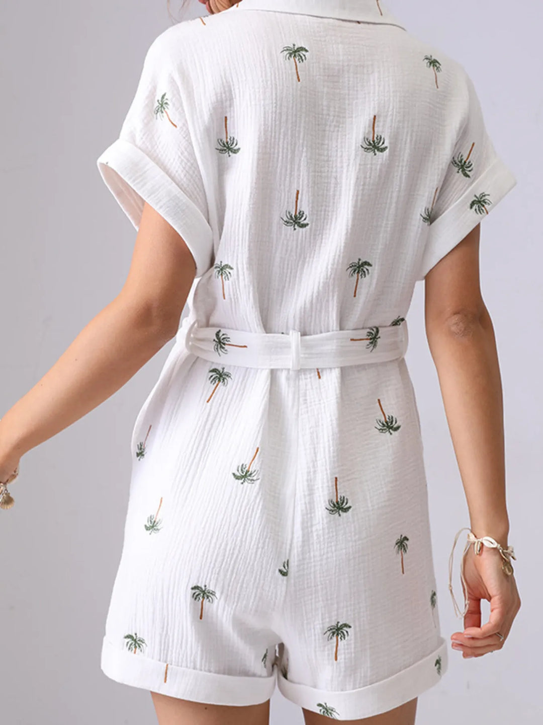 White Palm Tree Print Short Sleeve Button Up Romper With Belt