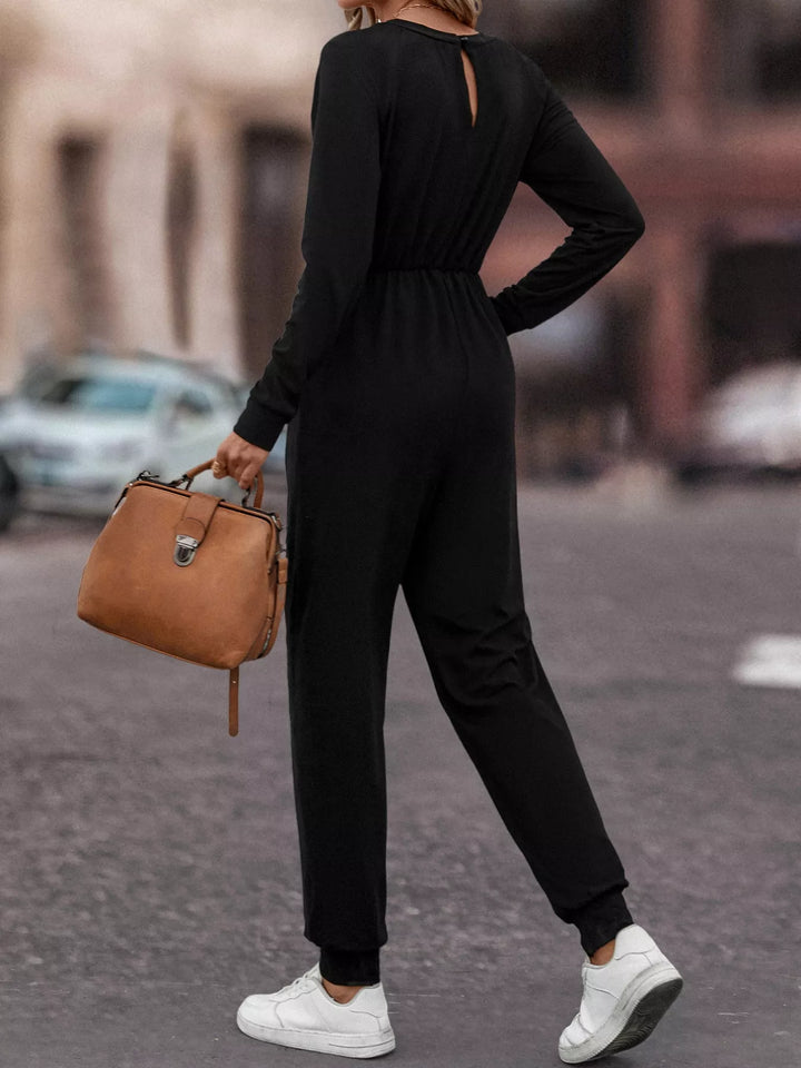 Black Casual Long Sleeve Drawstring Waist Jumpsuit