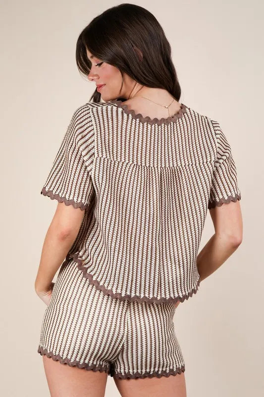 Very J Wave Trim Detail Knit Top Shorts Set