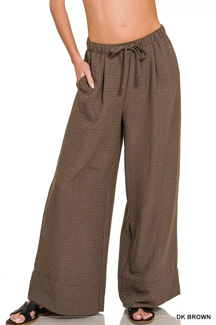 Dk Brown Zenana Woven Airflow Drawstring Pants 3