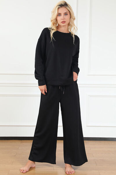 Brown Double Take Full Size Textured Long Sleeve Top And Drawstring Pants Set