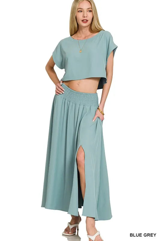 Blue Grey Zenana Heavy Woven Span Crop Tee Skirt Set 6