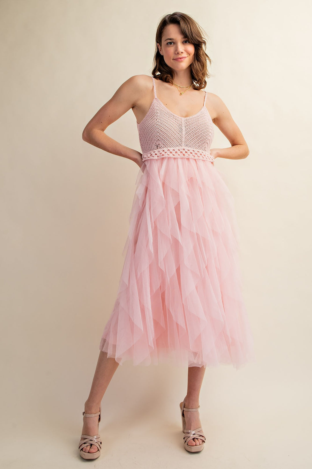 Light Pink Lovely Tulle Midi Crochet Dress