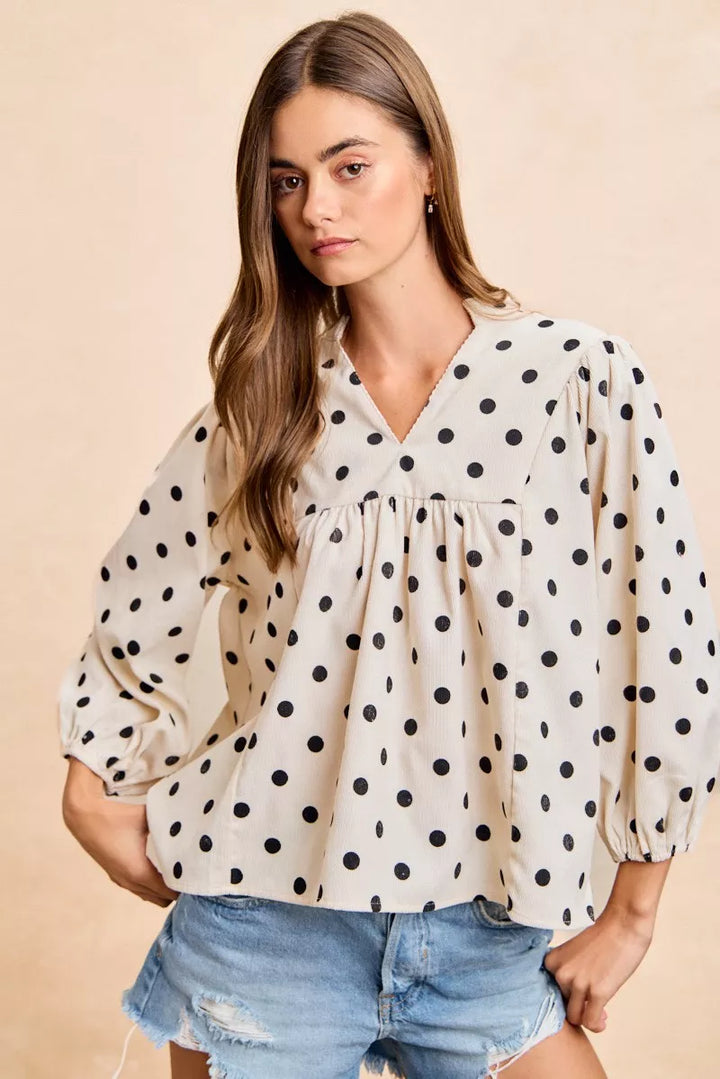 Ivory/Black Bibi Polka Dot Corduroy Quarter Sleeves V Neck Blouse