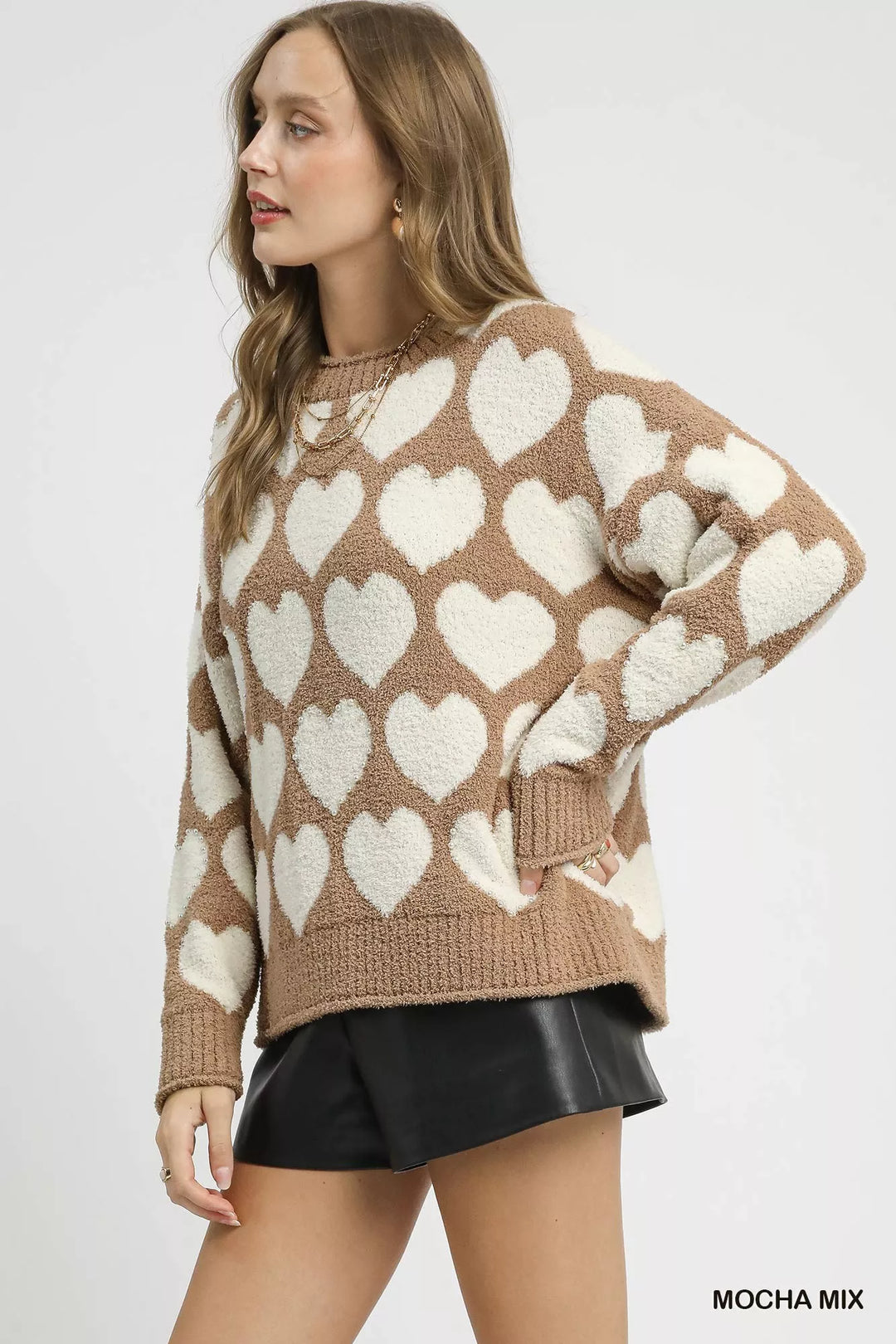 Mocha Mix Umgee Mix Heart Pattern Pearl Accent Sweater