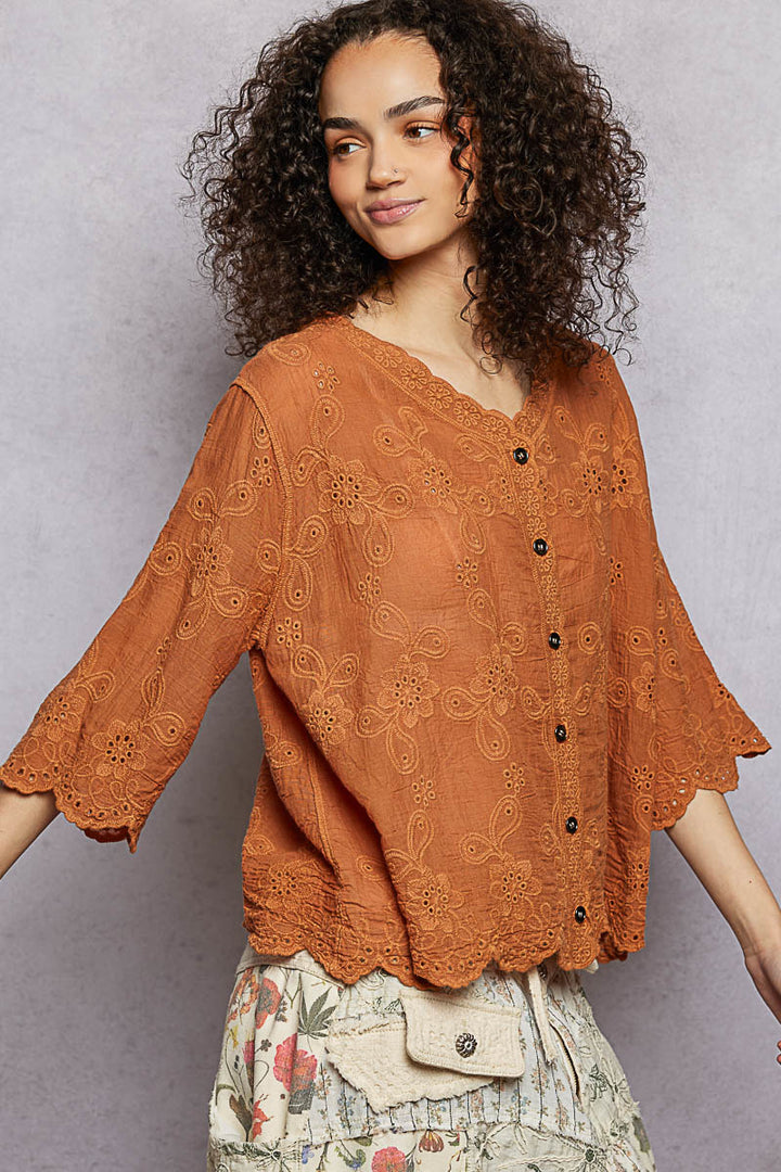 Pol Floral Eyelet V Neck Salloped Shirt 1