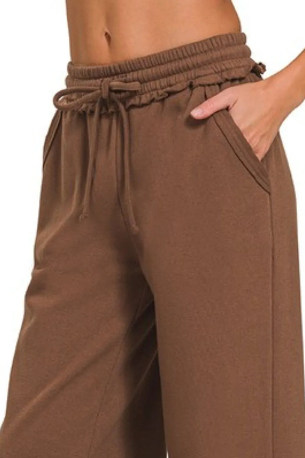 Brown Zenana Fleece Exposed Seam Wide Leg Sweatpants