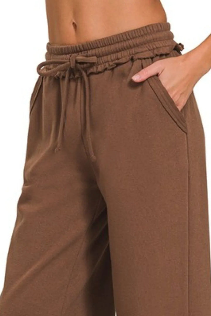 Brown Zenana Fleece Exposed Seam Wide Leg Sweatpants