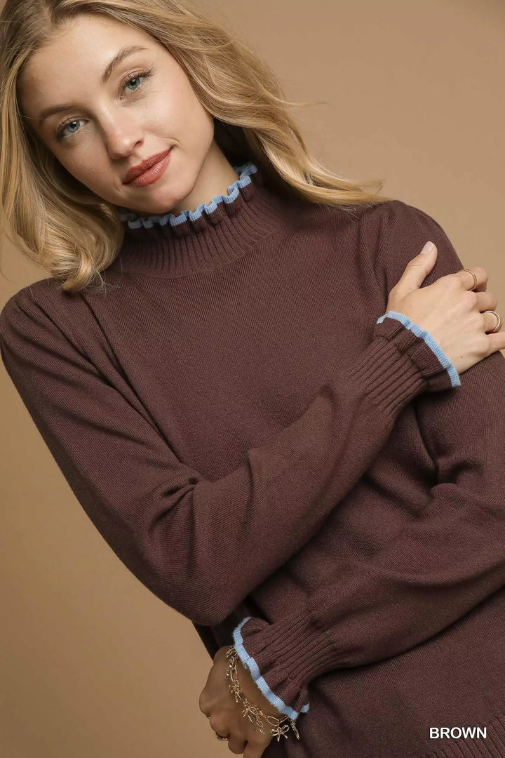 Umgee Ribbed Round Neck Sweater With Ruffle Contrast Trim