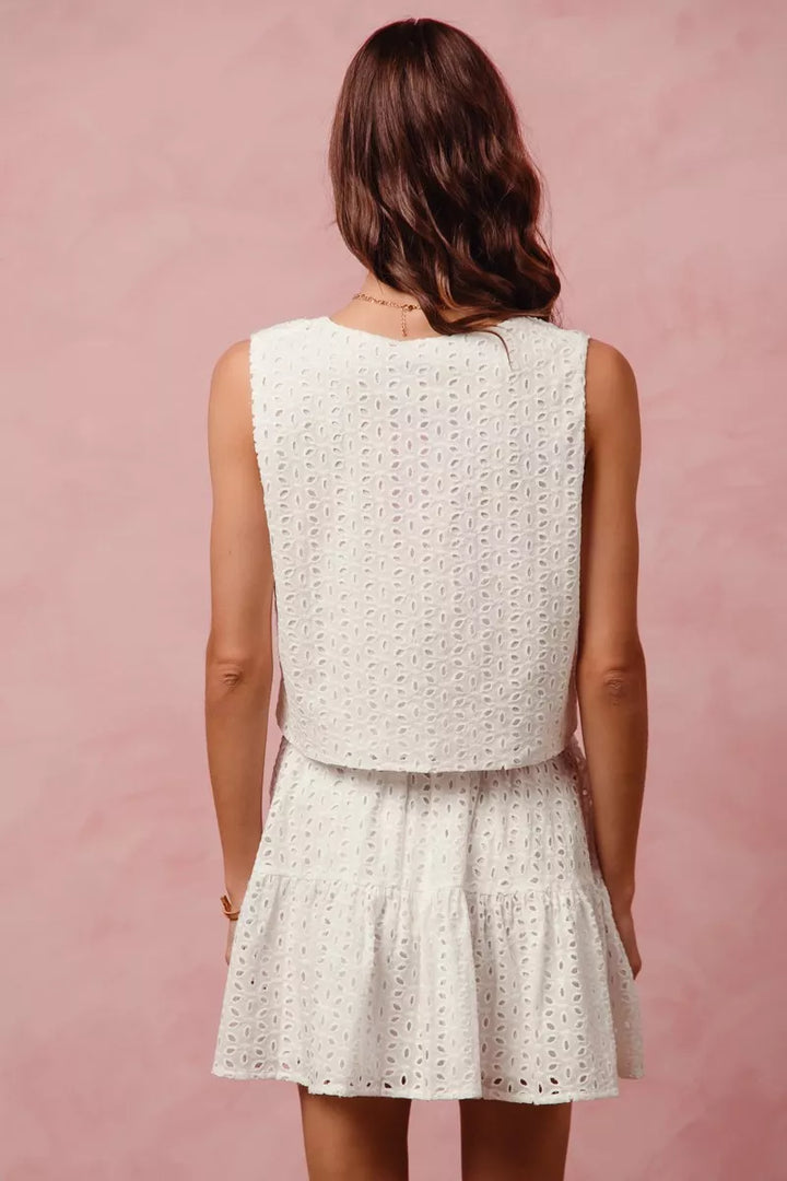 So Me Floral Eyelet Lace Tie Front Vest Top And Tiered Mini Skirt Set