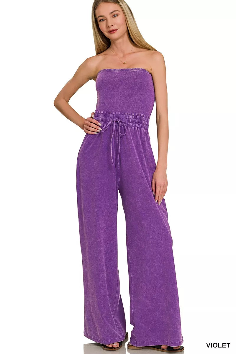 Violet Zenana Acid Washed Strapless Tube Top Jumpsuit 2