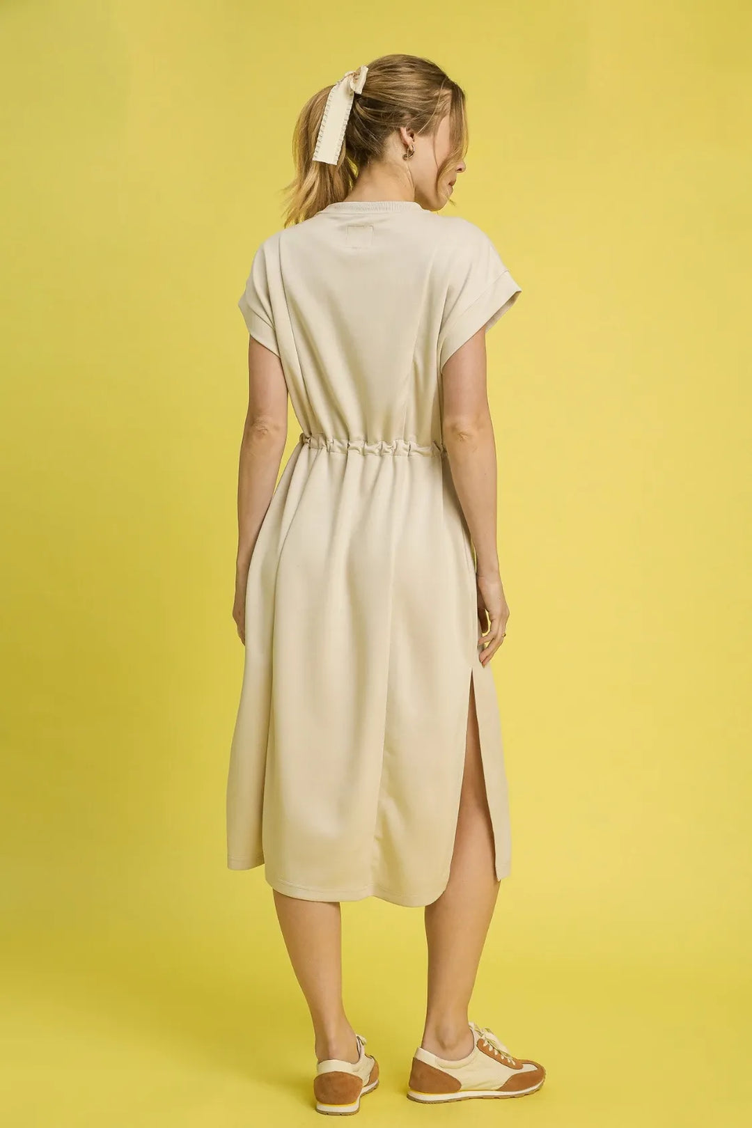 Ecru Umgee Side Slit Short Sleeve Midi Tee Dress 1