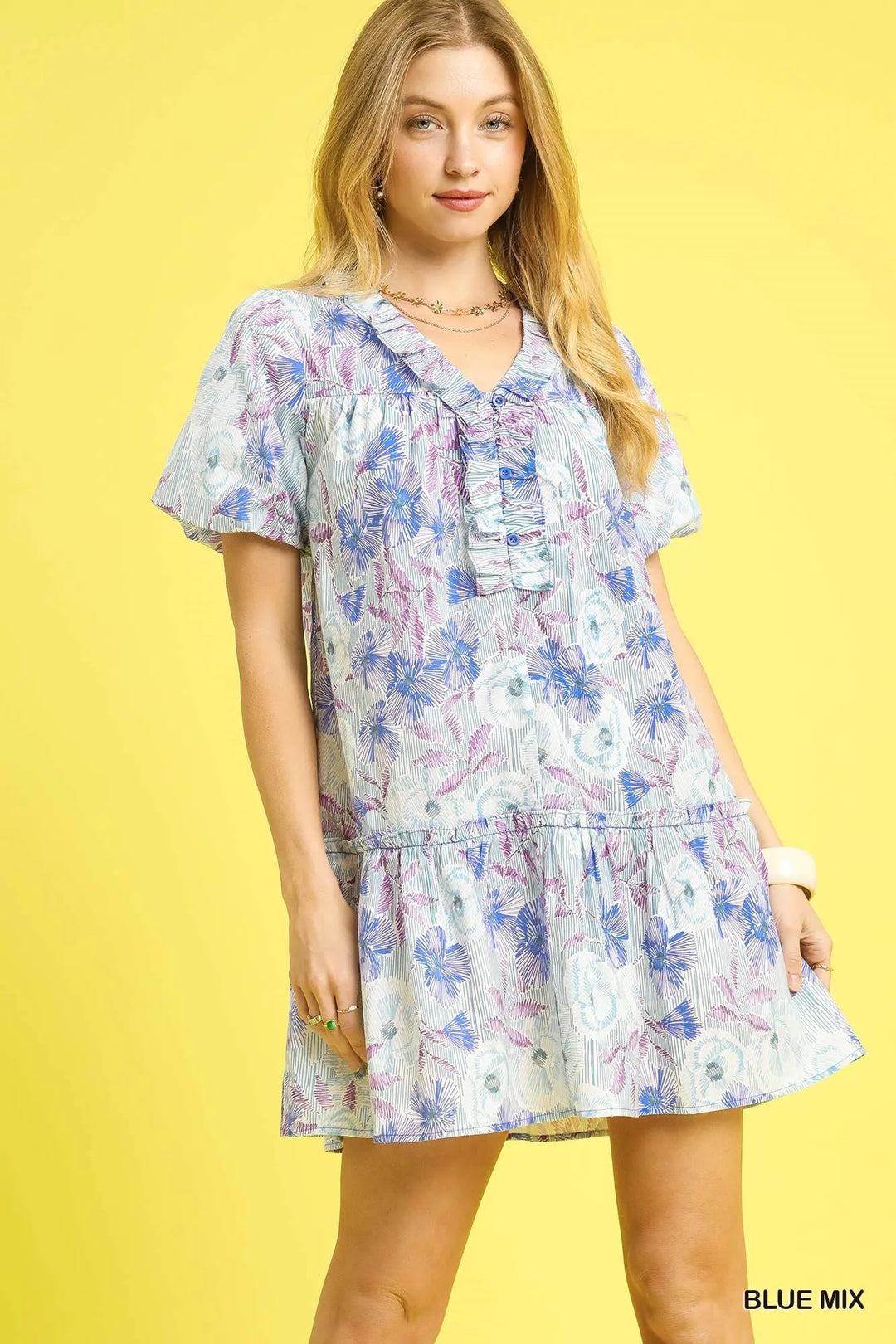Blue Mix Umgee Floral Ruffled Puff Sleeve Mini Dress