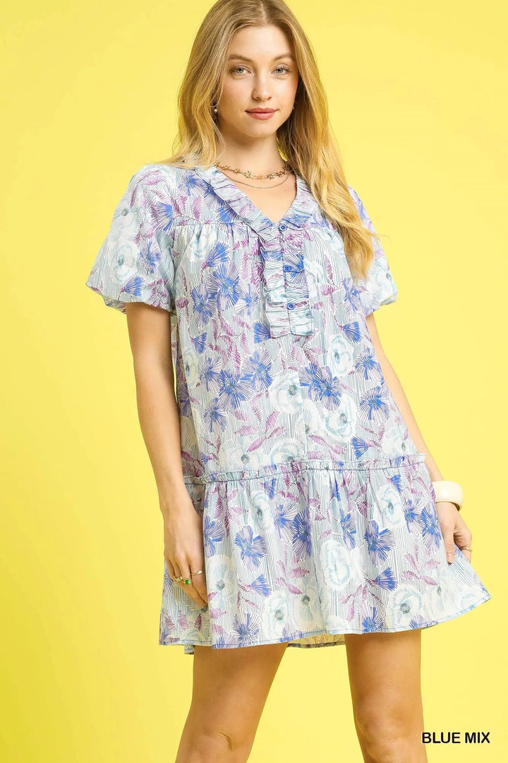 Blue Mix Umgee Floral Ruffled Puff Sleeve Mini Dress