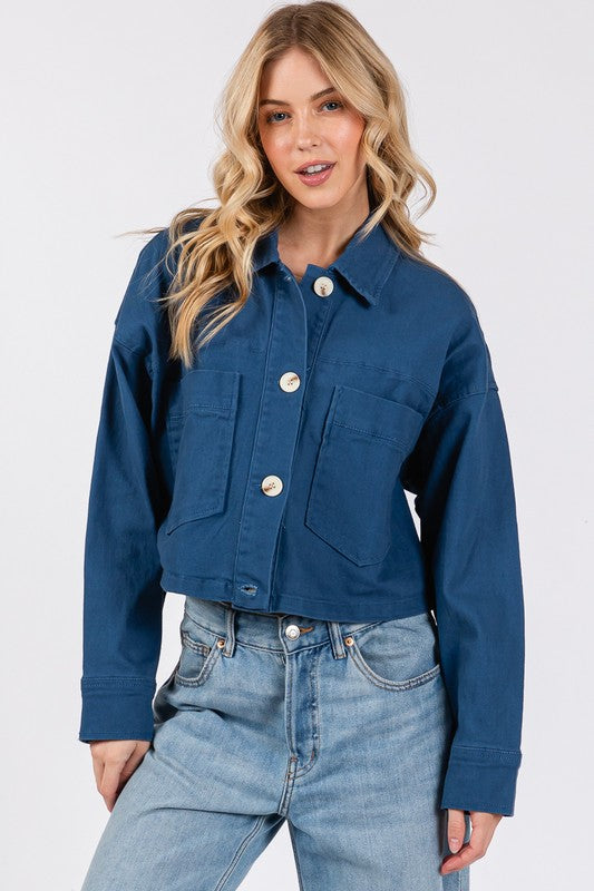 Peacock  Blue Bytos Button Down Cropped Denim Jacket With Patch Pockets