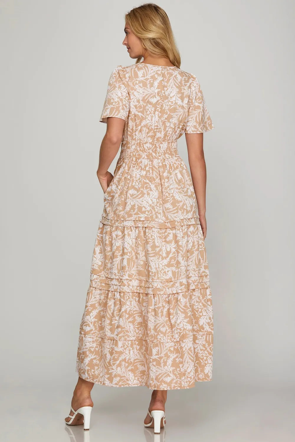 Apricot She Sky Printed Notched Woven Tiered Pintuck Maxi Dress With Side Pockets