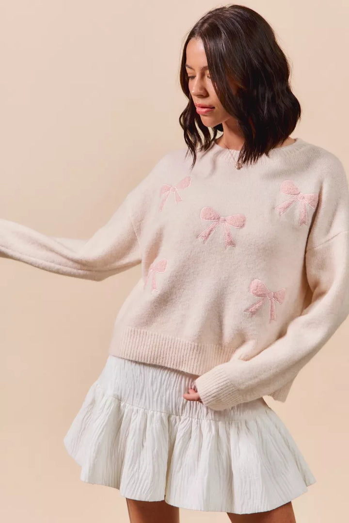 Blush So Me Embroidered Ribbon Round Neck Sweater