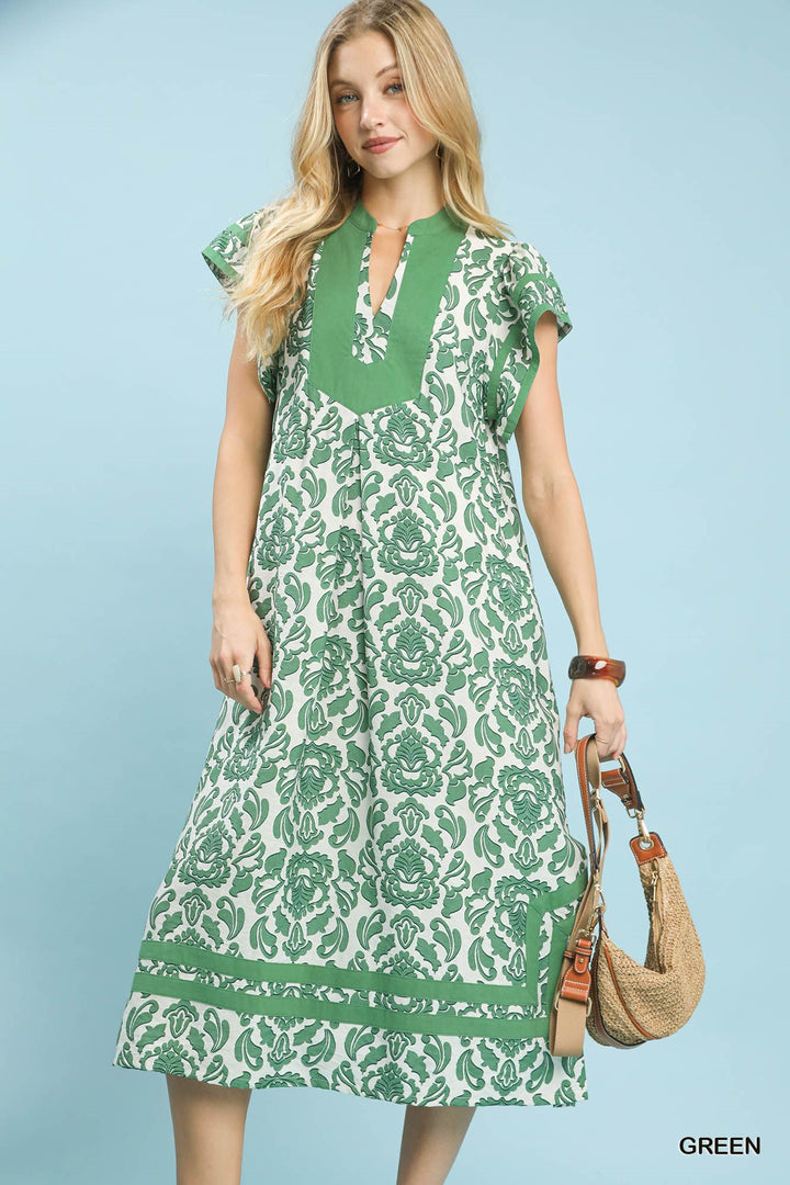 Green Umgee Abstract Two Tone Print Midi Dress