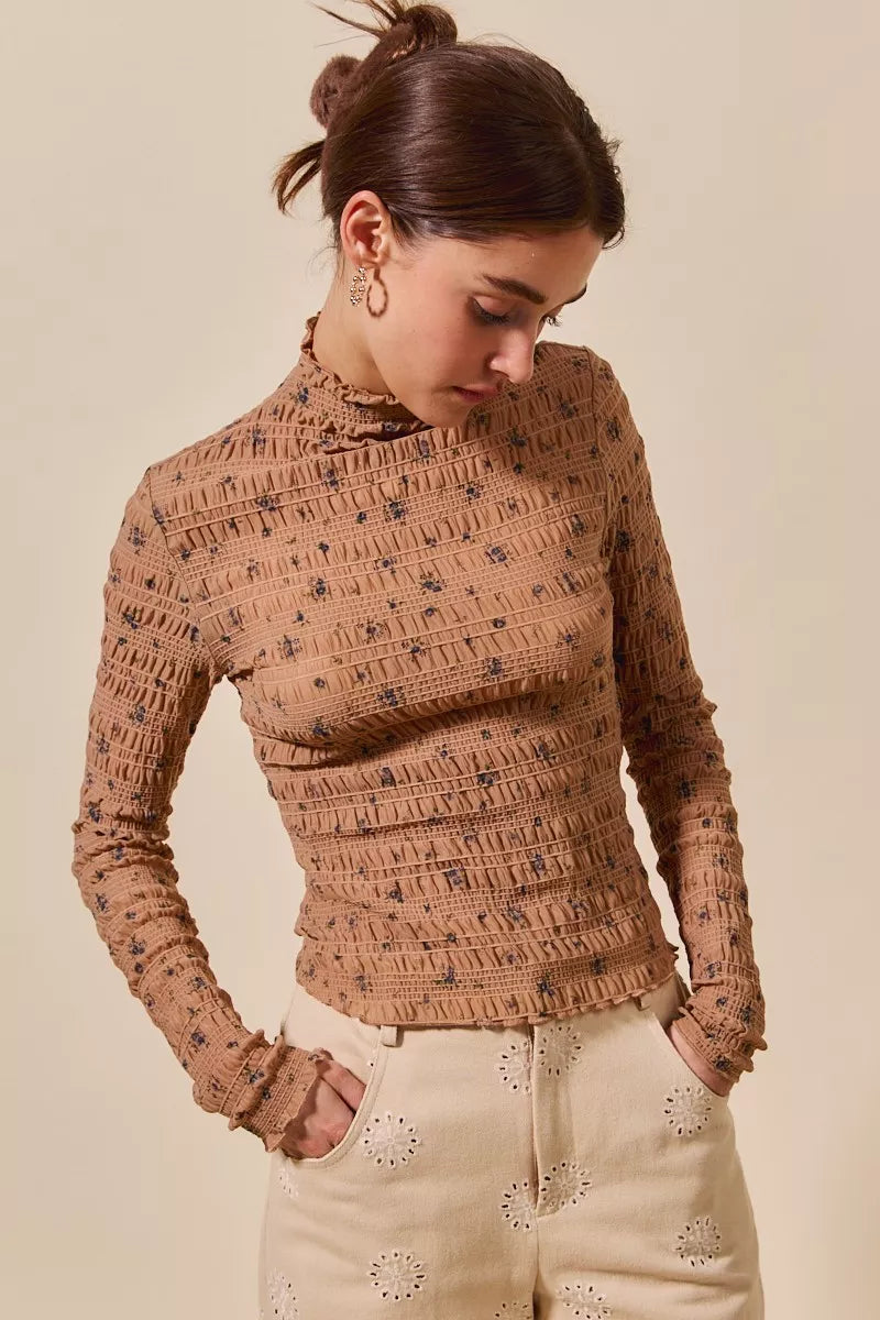 Brown So Me Floral Print Textured Long Sleeve Knit Top