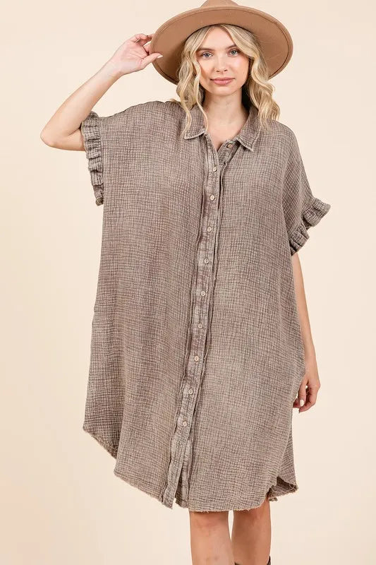 Toffee Mittoshop Mineral Wash Cotton Gauze Mini Shirt Dress