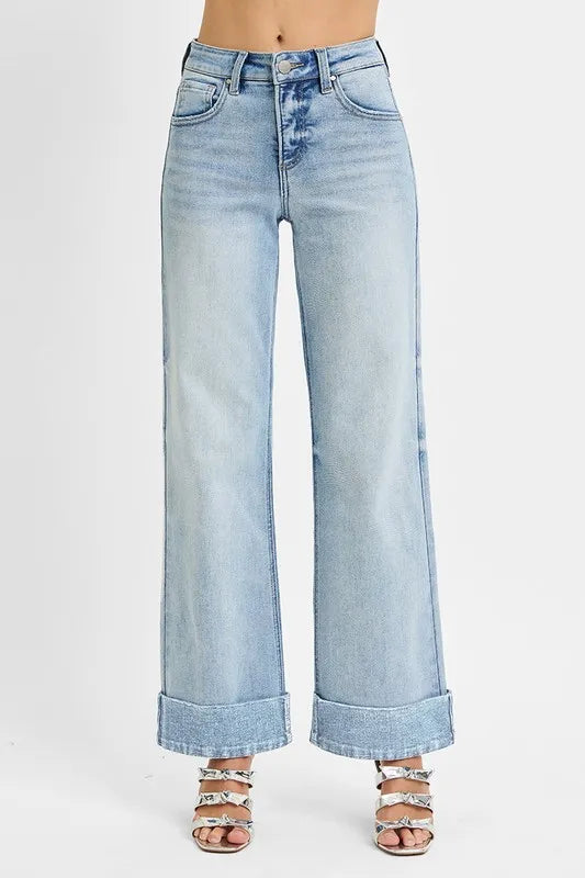 Light Risen Full Size Tummy Control High Rise Ankle Wide Cuffed Jeans Plus Size 1