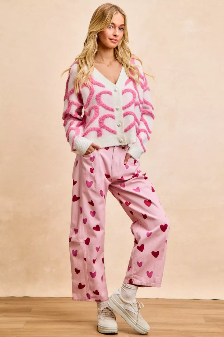 Pink Bibi Textured Heart Buttoned V Neck Cardigan