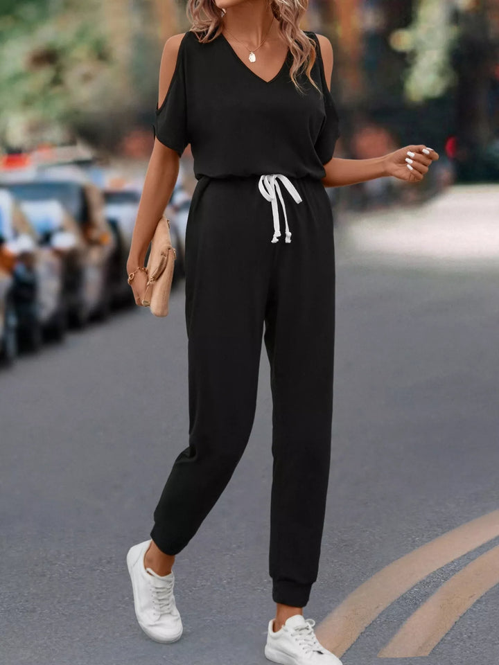 Black Cold Shoulder V Neck Drawstring Waist Jumpsuit