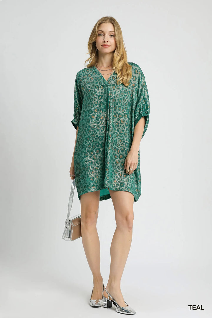 Umgee Metallic Leopard Print V Neck Kimono Dress 1