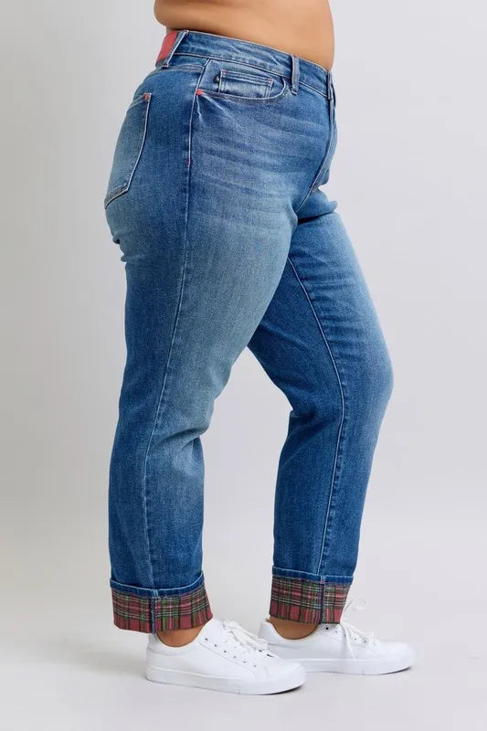 Medium Judy Blue Full Size Mr Plaid Print Cuff Bf Jeans Plus Size