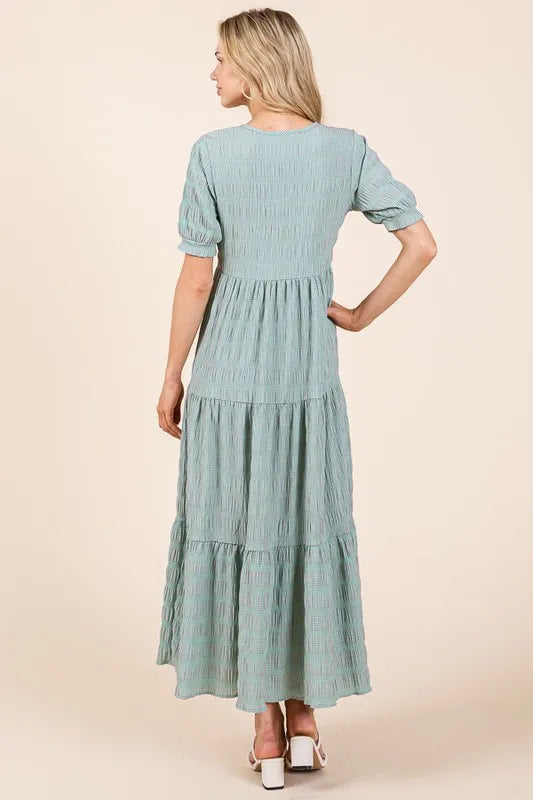 Mint Bombom Textured Short Sleeve Tiered Dress