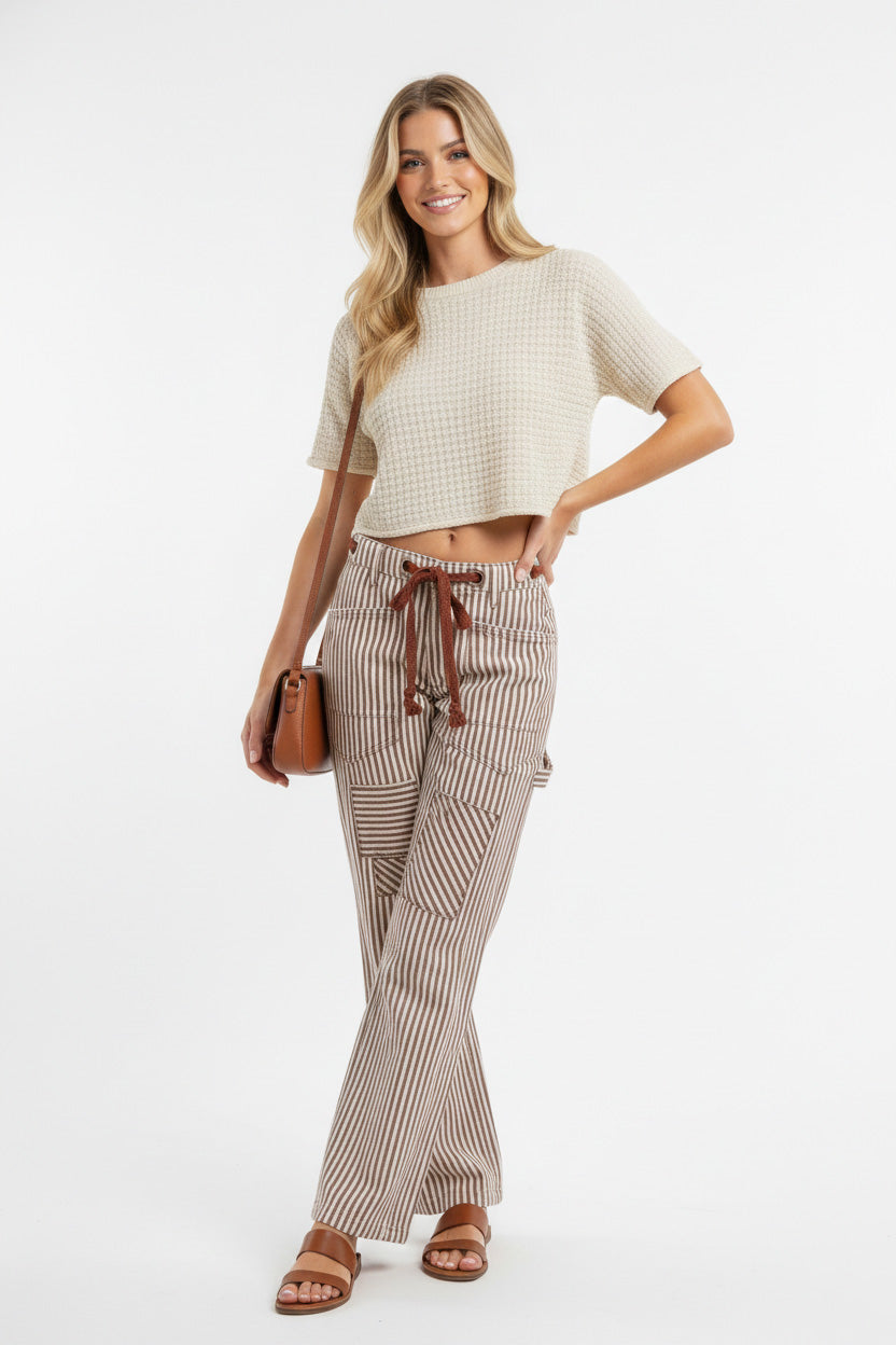 Mocha Brown Bibi Drawstring Striped Twill Barrel Pants