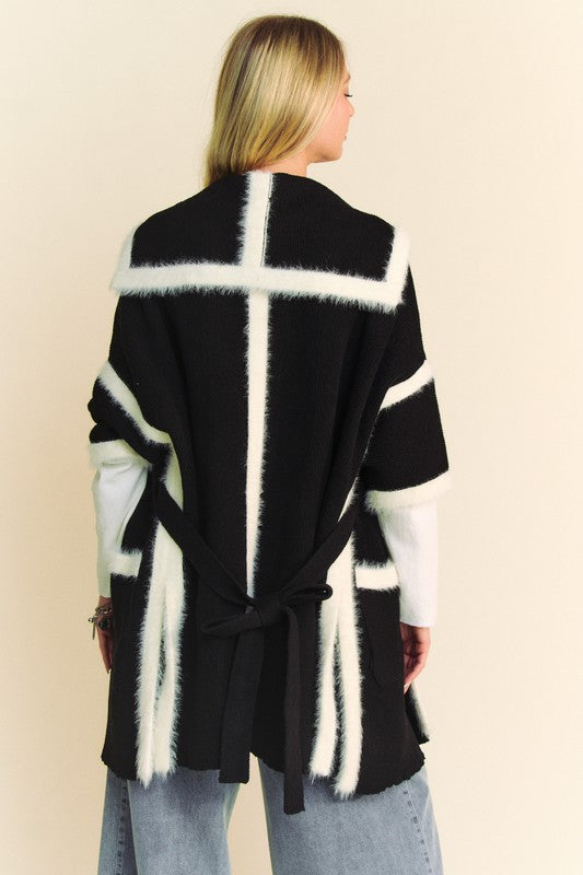 Black Davi Dani Fuzzy Trim Open Front Loose Fit Cardigan