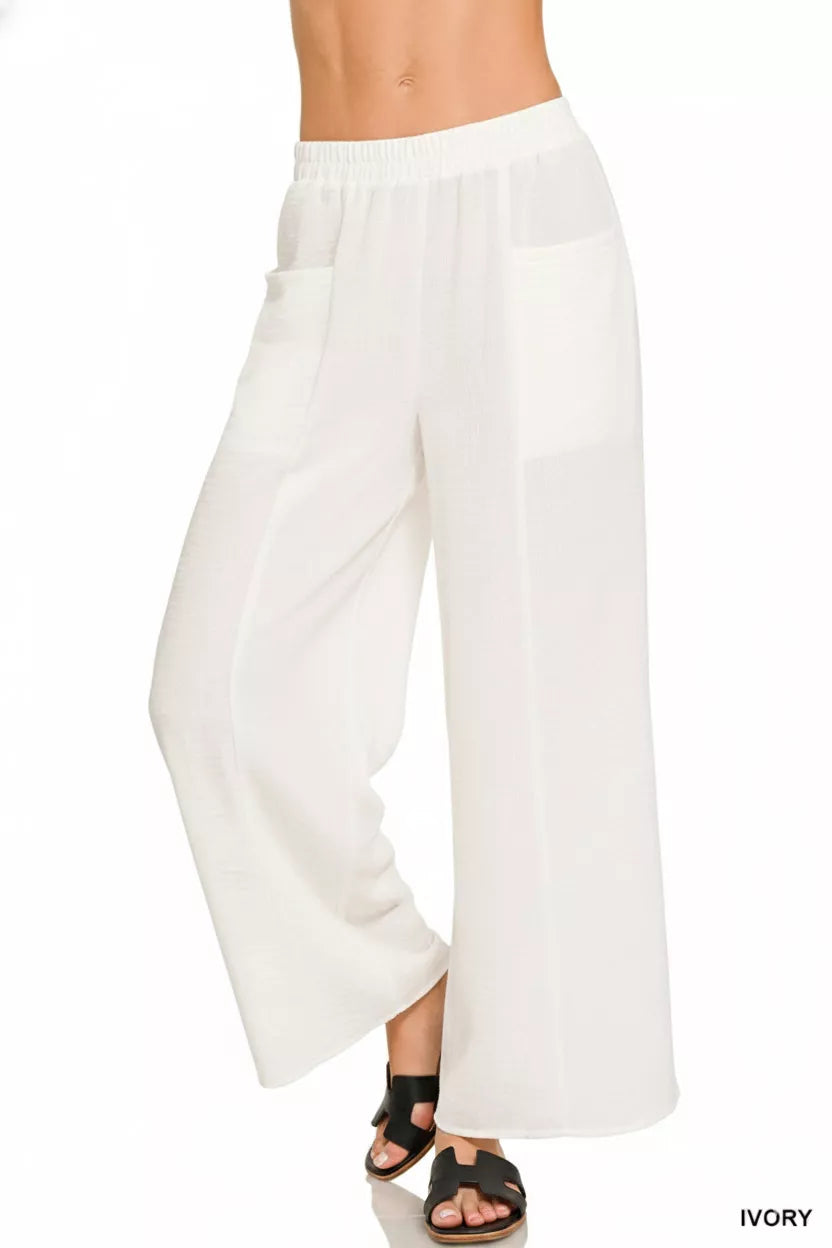 Ivory Zenana Woven Airflow Elastic Waistband Pants 7