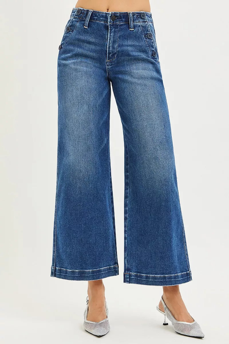 Dark Risen High Rise Wide Leg Jeans With Pocket Button Detail